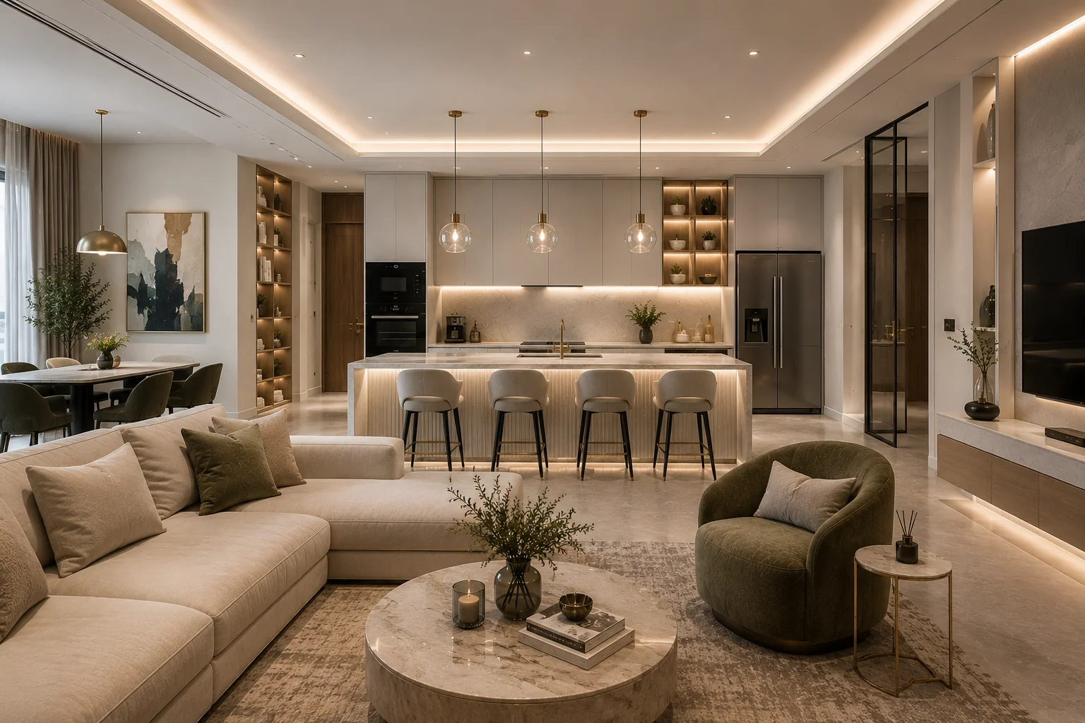 Open-plan living room and kitchen in warm beige tones with corner sofa, marble island, dining area and glass pendant lighting
